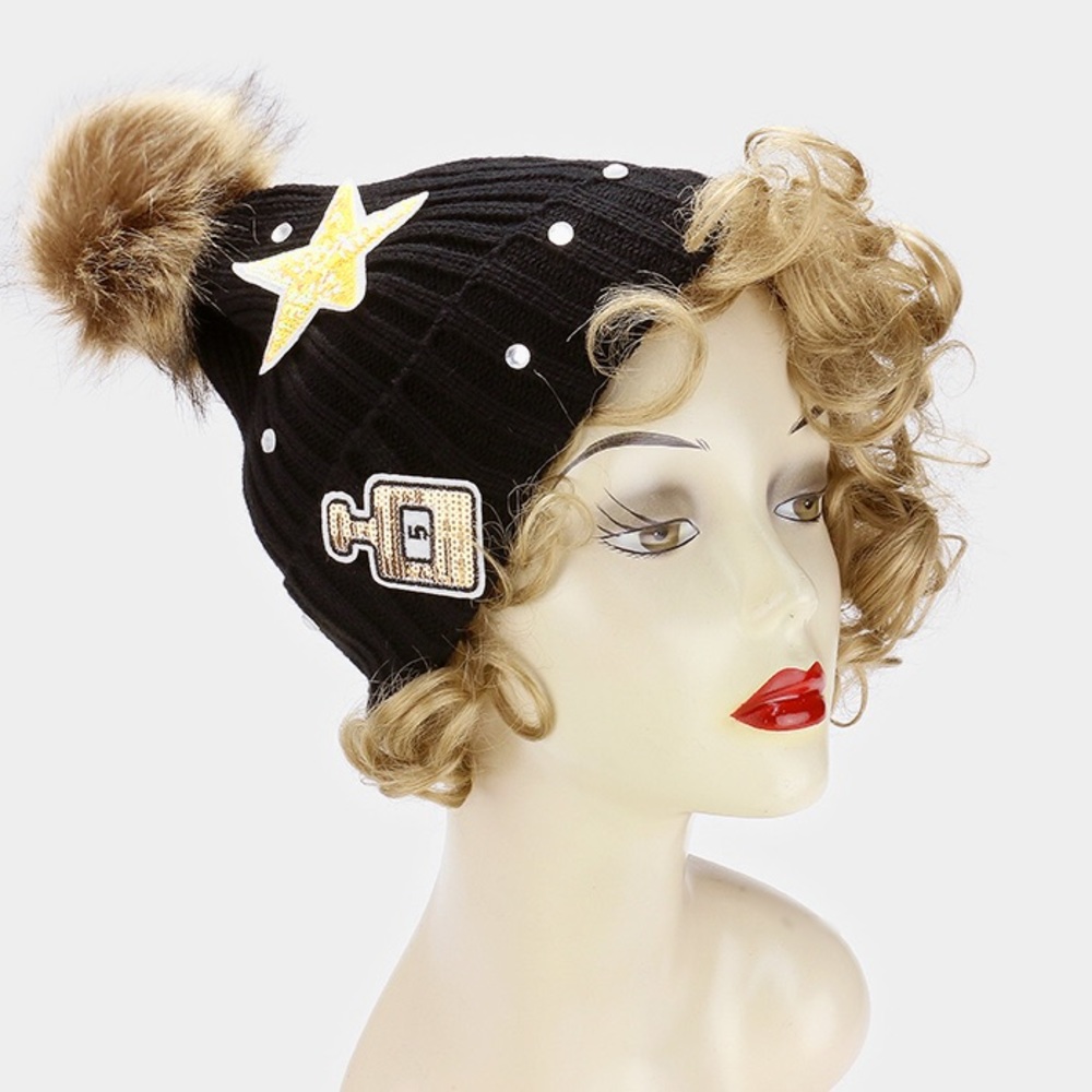 Sequin and embroidery perfume stat beanie hat